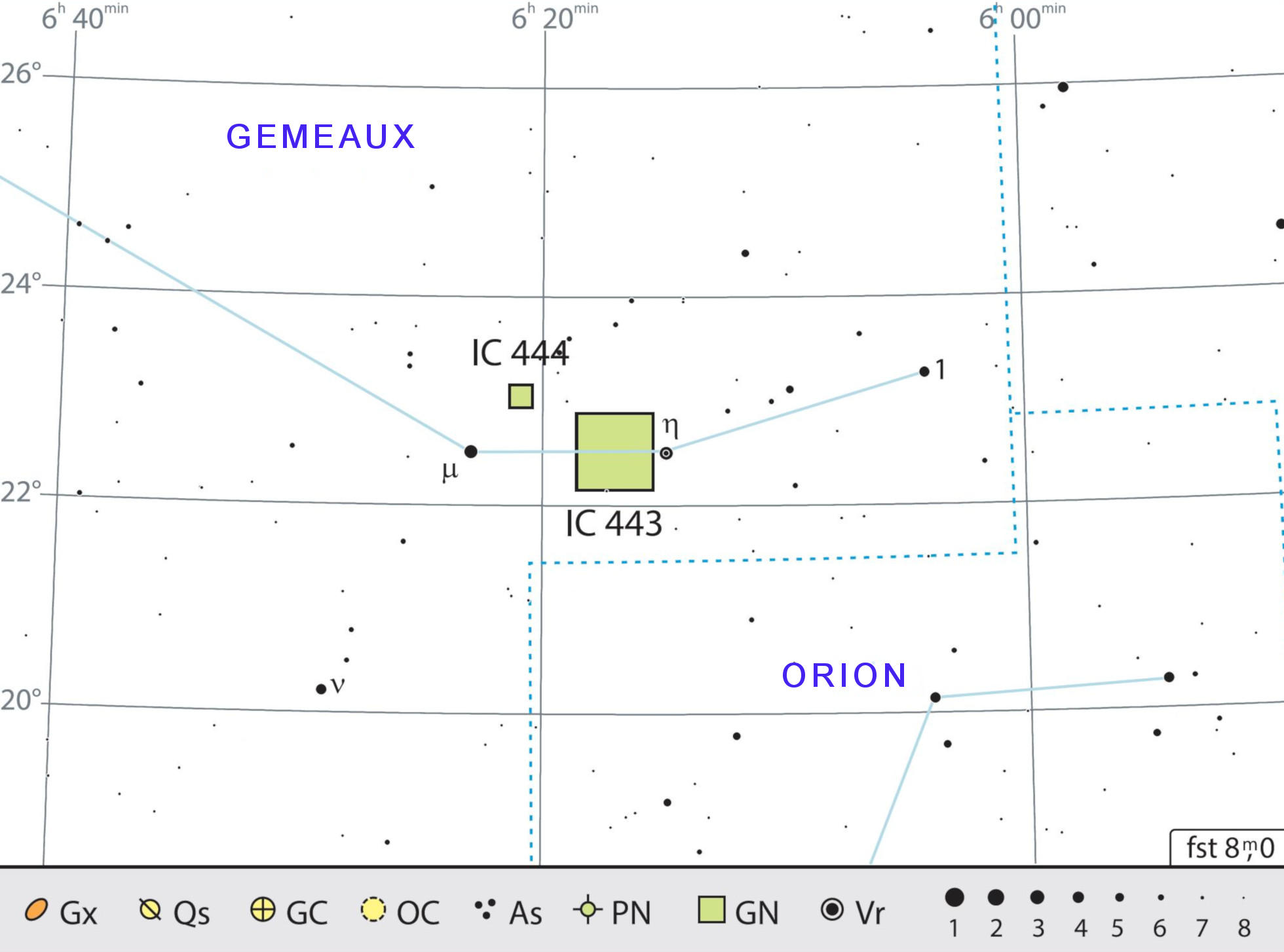 IC 443 est facile à trouver entre les étoiles i μ et η de la constellation des Gémeaux. J. Scholten